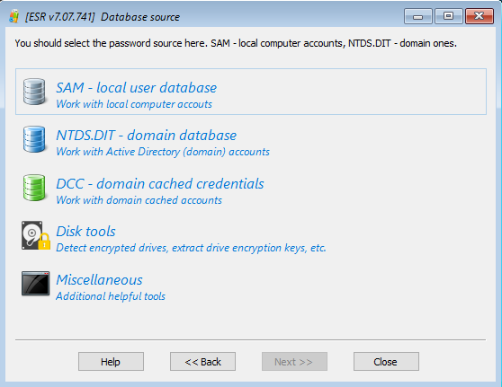 Elcomsoft System Recovery: selecting database source