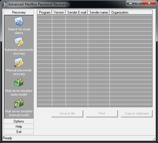 Advanced Mailbox Password Recovery main window