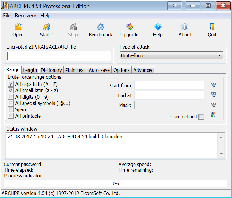 ARCHPR. Brute force attack settings