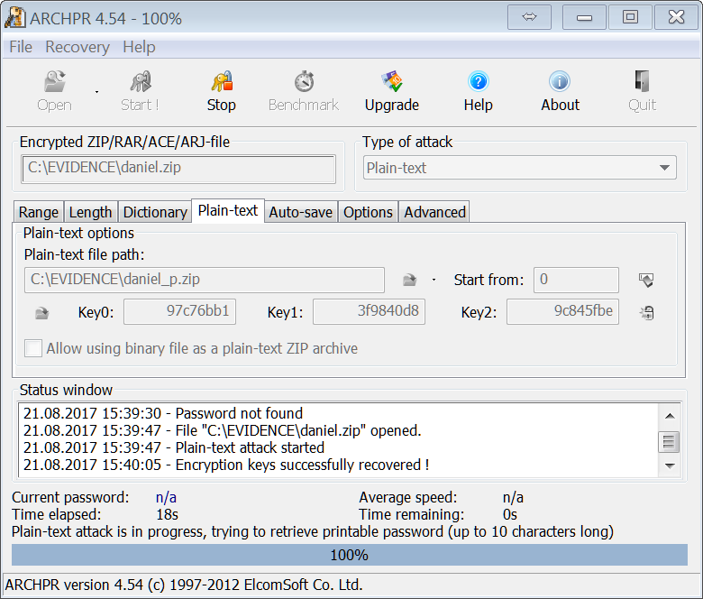 ARCHPR. Plain text attack settings