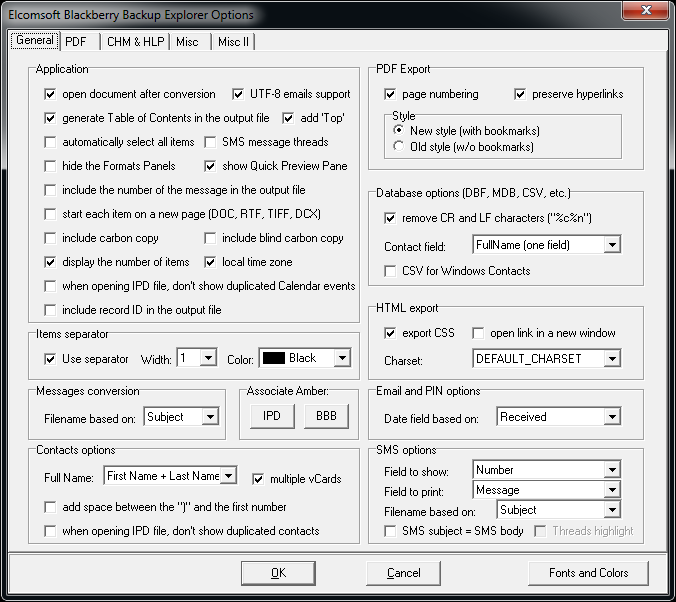 Elcomsoft BlackBerry Backup Explorer options