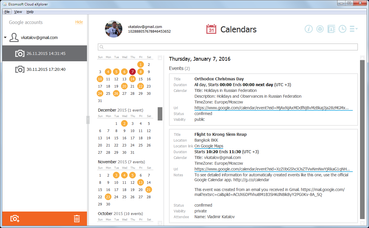 Elcomsoft Cloud Explorer: Calendars